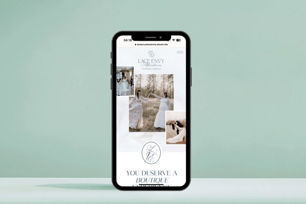 A mobile website mockup for Lace Envy Alterations, a bespoke bridal alterations shop